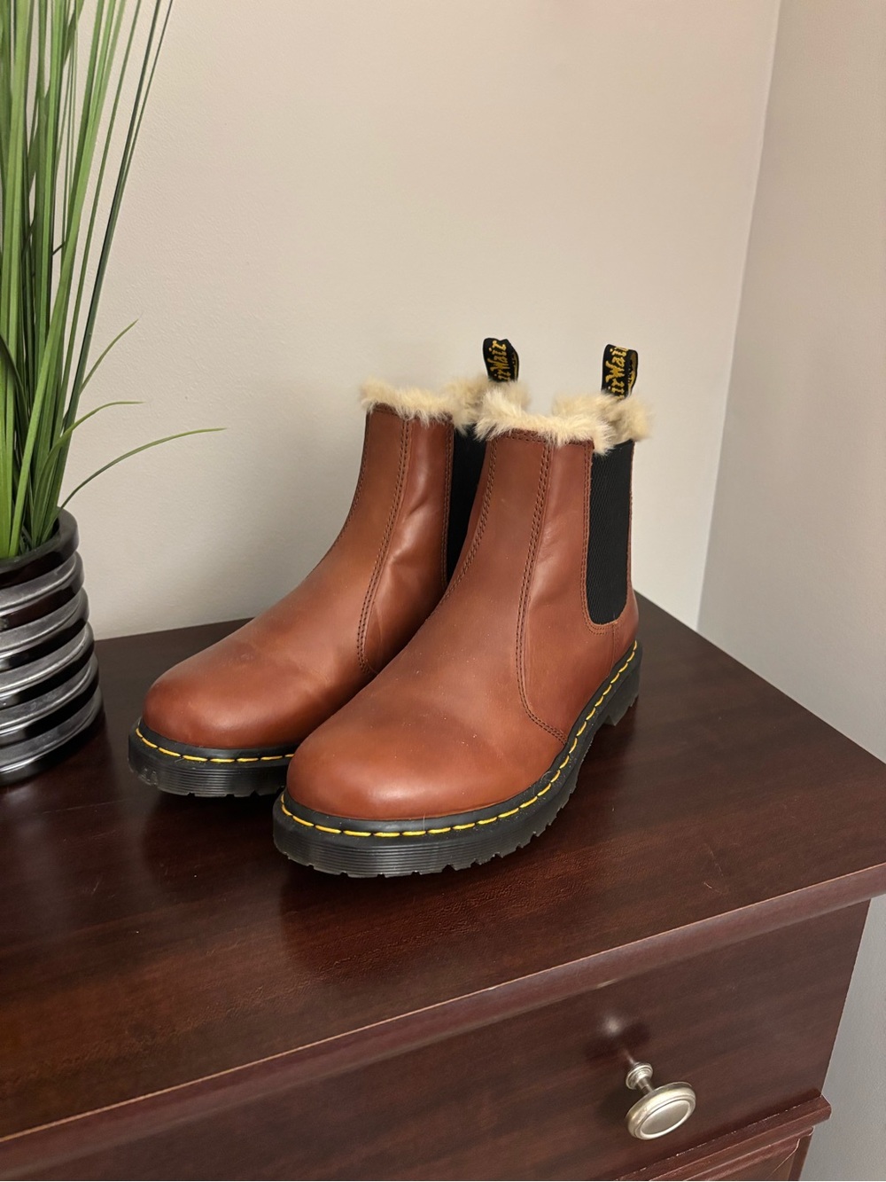 Dr. Martens Chestnut Leather Fleece-Trim Chelsea Boots